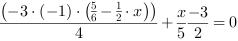 (-3*(-1)*(5/6-1/2*x))/4+x/5-3/2 = 0