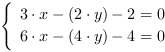 /| 3*x-(2*y)-2 = 0| 6*x-(4*y)-4 = 0