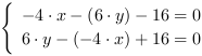 /| -4*x-(6*y)-16 = 0| 6*y-(-4*x)+16 = 0