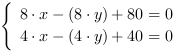 /| 8*x-(8*y)+80 = 0| 4*x-(4*y)+40 = 0