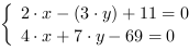 /| 2*x-(3*y)+11 = 0| 4*x+7*y-69 = 0