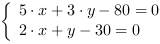 /| 5*x+3*y-80 = 0| 2*x+y-30 = 0