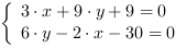 /| 3*x+9*y+9 = 0| 6*y-2*x-30 = 0