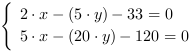 /| 2*x-(5*y)-33 = 0| 5*x-(20*y)-120 = 0