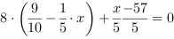 8*(9/10-1/5*x)+x/5-57/5 = 0