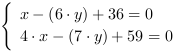 /| x-(6*y)+36 = 0| 4*x-(7*y)+59 = 0