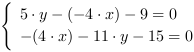 /| 5*y-(-4*x)-9 = 0| -(4*x)-11*y-15 = 0