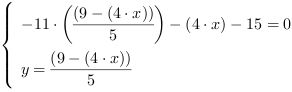 /| -11*((9-(4*x))/5)-(4*x)-15 = 0| y = (9-(4*x))/5