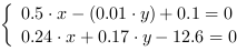 /| 0.5*x-(0.01*y)+0.1 = 0| 0.24*x+0.17*y-12.6 = 0