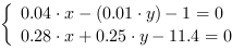 /| 0.04*x-(0.01*y)-1 = 0| 0.28*x+0.25*y-11.4 = 0