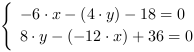 /| -6*x-(4*y)-18 = 0| 8*y-(-12*x)+36 = 0