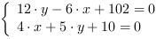 /| 12*y-6*x+102 = 0| 4*x+5*y+10 = 0