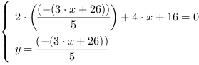 /| 2*((-(3*x+26))/5)+4*x+16 = 0| y = (-(3*x+26))/5