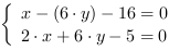 /| x-(6*y)-16 = 0| 2*x+6*y-5 = 0