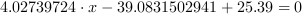 4.02739724*x-39.0831502941+25.39 = 0