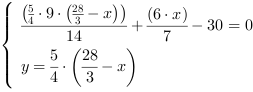 /| (5/4*9*(28/3-x))/14+(6*x)/7-30 = 0| y = 5/4*(28/3-x)