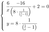 /| 6/x-16/(8*(x^-1-1)^-1)+2 = 0| y = 8*(x^-1-1)^-1