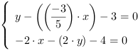 /| y-((-3/5)*x)-3 = 0| -2*x-(2*y)-4 = 0