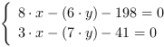 /| 8*x-(6*y)-198 = 0| 3*x-(7*y)-41 = 0