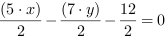 (5*x)/2-((7*y)/2)-(12/2) = 0