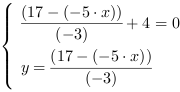 /| (17-(-5*x))/(-3)+4 = 0| y = (17-(-5*x))/(-3)