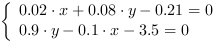 /| 0.02*x+0.08*y-0.21 = 0| 0.9*y-0.1*x-3.5 = 0