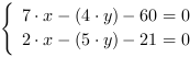 /| 7*x-(4*y)-60 = 0| 2*x-(5*y)-21 = 0