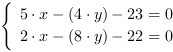 /| 5*x-(4*y)-23 = 0| 2*x-(8*y)-22 = 0