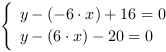 /| y-(-6*x)+16 = 0| y-(6*x)-20 = 0