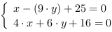 /| x-(9*y)+25 = 0| 4*x+6*y+16 = 0