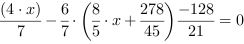 (4*x)/7-6/7*(8/5*x+278/45)-128/21 = 0