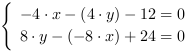 /| -4*x-(4*y)-12 = 0| 8*y-(-8*x)+24 = 0