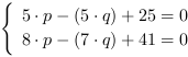 /| 5*p-(5*q)+25 = 0| 8*p-(7*q)+41 = 0