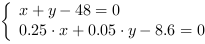 /| x+y-48 = 0| 0.25*x+0.05*y-8.6 = 0