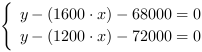 /| y-(1600*x)-68000 = 0| y-(1200*x)-72000 = 0