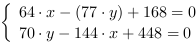 /| 64*x-(77*y)+168 = 0| 70*y-144*x+448 = 0