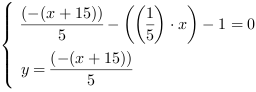 /| (-(x+15))/5-((1/5)*x)-1 = 0| y = (-(x+15))/5