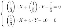 /| (1/3)*X+(1/5)*Y-(7/5) = 0| (1/3)*X+4*Y-10 = 0